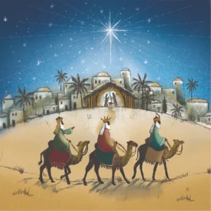 Pack of 10 Tearfund Christmas cards featuring a Nativity scene with the three kings, printed on high-quality FSC accredited board.