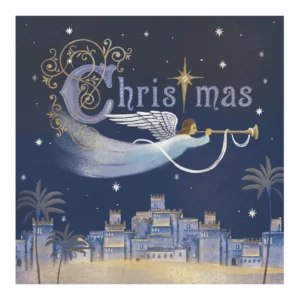 Pack of 10 Tearfund Christmas cards featuring an illustration of an angel overlooking Bethlehem, perfect for sending holiday greetings.
