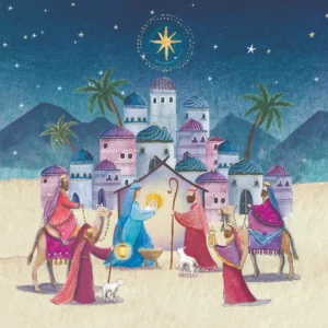 Pack of 10 Tearfund Christmas cards featuring a serene manger scene illustration, perfect for sending festive greetings.
