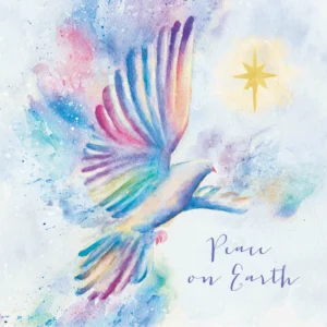A pack of ten artistic Tearfund Christmas cards featuring a soft watercolour dove design with blue and gold accents on premium quality board.