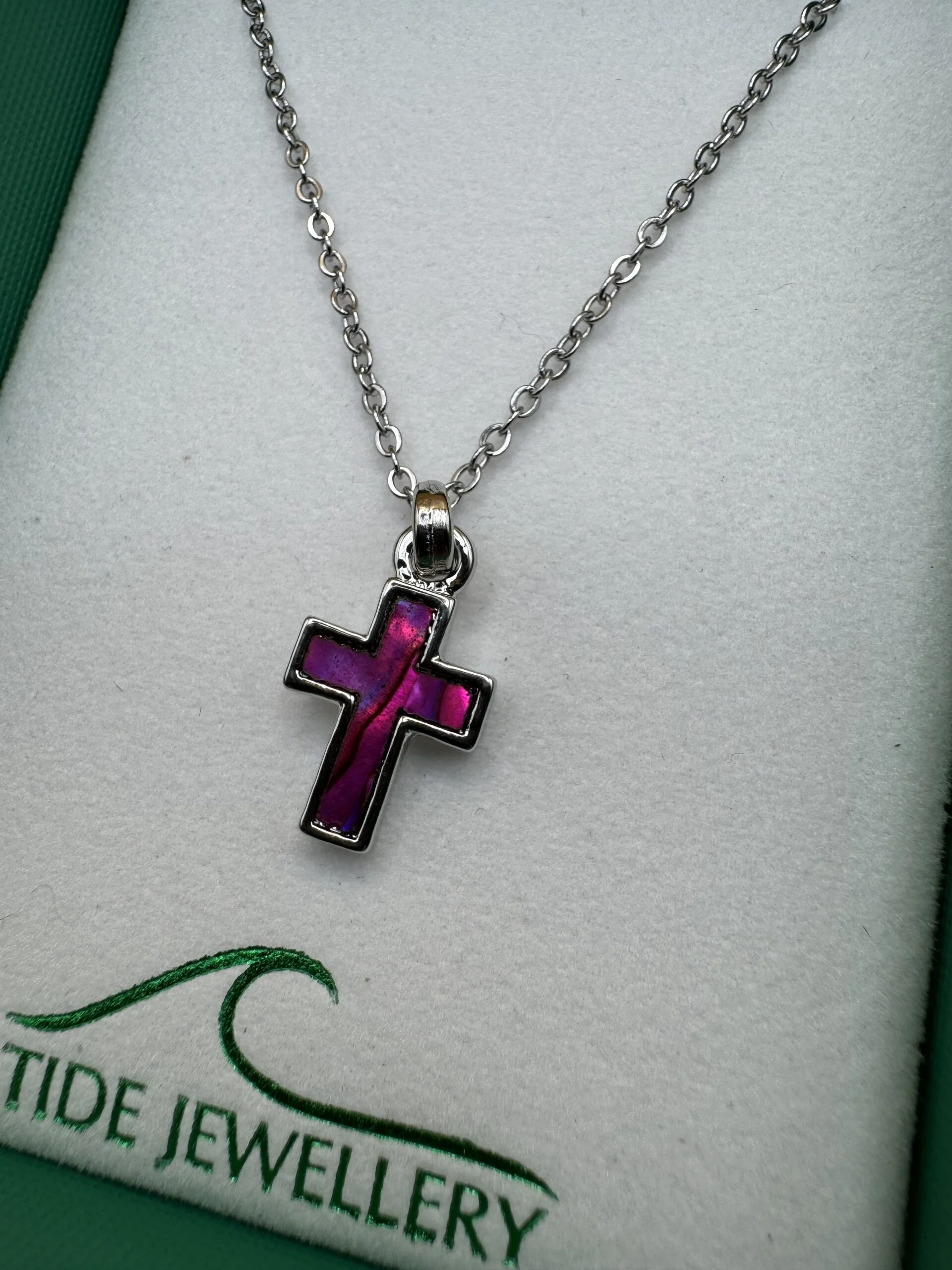 Inlaid Paua Shell Cross Pendant Pink