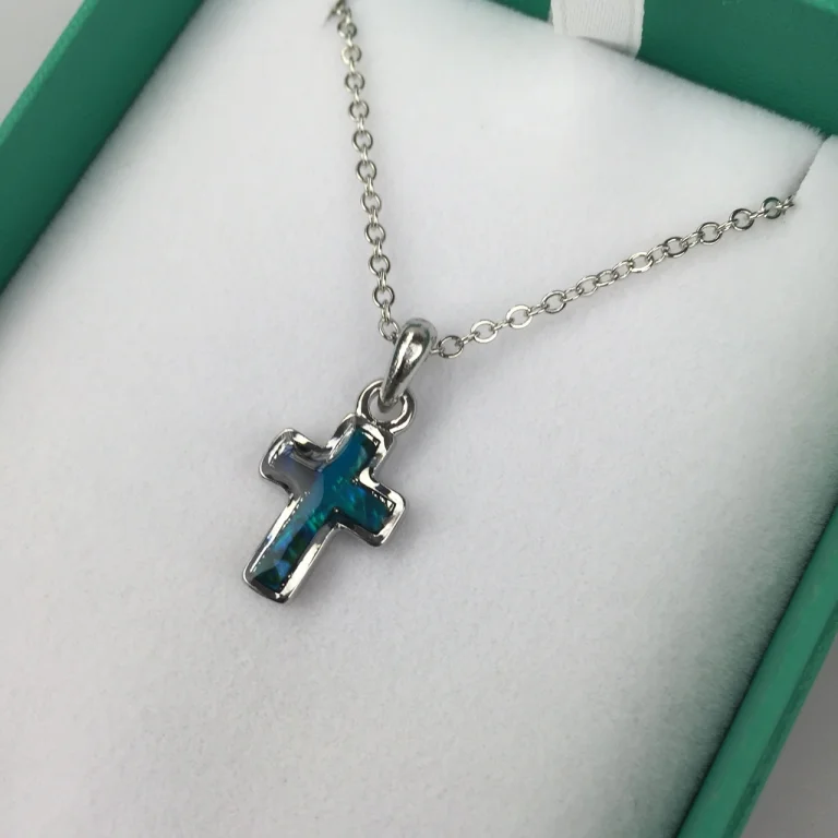 Inlaid Paua Shell Cross Pendant Blue