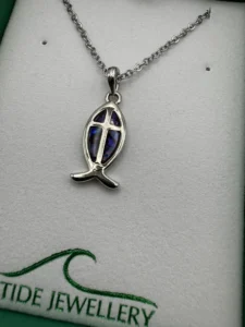 Inlaid Paua Shell Fish with Cross Pendant Purple