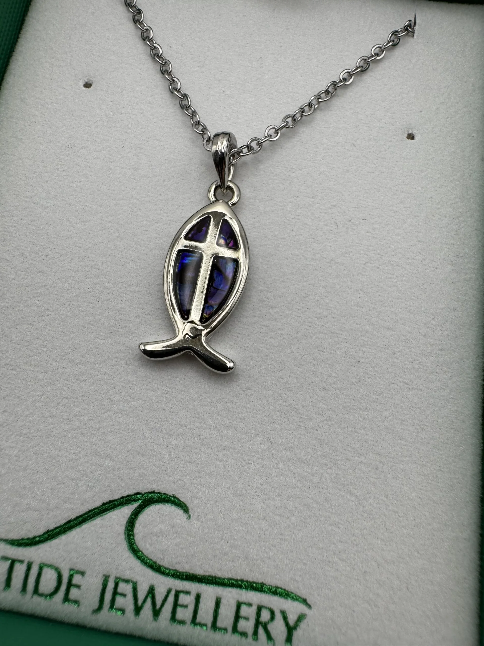 Inlaid Paua Shell Fish with Cross Pendant Purple