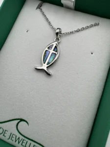 Inlaid Paua Fish with Cross Pendant in Natural