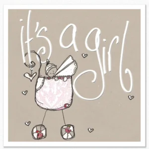 A decorative Tracey Russell greeting card for a new baby girl featuring elegant floral illustrations and a celebratory message in a boutique Christian design style.