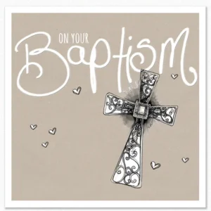 A decorative Tracey Russell Christian greeting card featuring an elegant cross design, perfect for a religious Baptism celebration or holy occasion.