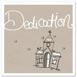 A decorative Christian dedication greeting card featuring an exclusive illustration by Tracey Russell Designs, suitable for religious ceremonies.