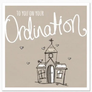 A Tracey Russell ordination greeting card featuring inspirational scripture from Genesis 28:15 to celebrate a religious ordination milestone.