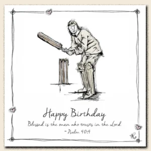 A decorative Tracey Russell birthday greeting card featuring a cricket-themed illustration, perfect for sports fans within our Christian birthday card collection.