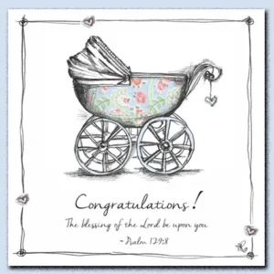 Tracey Russell illustrated greeting card for a new baby featuring a classic blue pram design on a textured background.