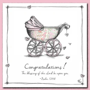 A square Tracey Russell congratulations greeting card featuring a charming illustration of a pink pram, perfect for celebrating a new baby arrival.