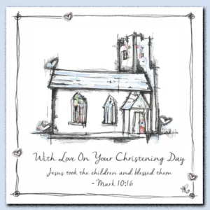 A decorative Tracey Russell christening greeting card featuring a charming blue church illustration and With Love lettering for a religious baptism celebration.