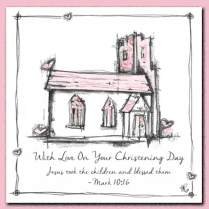 Square 150mm Tracey Russell greeting card featuring a charming illustrated pink church design for a special Christening occasion.