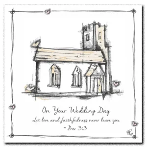 A beautiful Christian-themed wedding greeting card by Tracey Russell Designs featuring elegant calligraphy, suitable for engagement and anniversary celebrations.