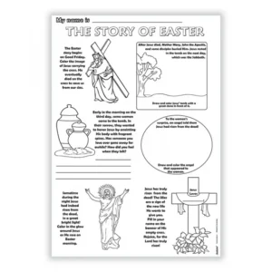 A blank line-art Story of Easter poster for children to color, perfect as an educational classroom art print for Sunday School lessons.