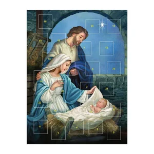 A festive religious Advent calendar featuring the Come Let Us Adore Him theme with 24 numbered flaps for daily Christmas scripture readings and holiday illustrations.