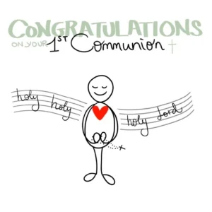 A charming and humorous First Holy Communion greeting card from the Yes Cards doodle collection, featuring a simple, family-oriented design perfect for celebrating a 1st Holy Communion milestone.
