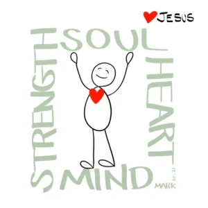 A charming doodle-style greeting card featuring Mark 12:30 Scripture, perfect for sharing encouragement and faith-based messages with family.