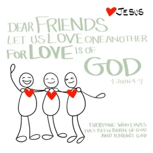 A charming doodle-style encouragement card featuring the Bible verse 1 John 4:7 with a heartfelt religious message for family and friends.