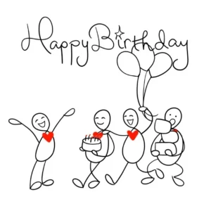 A charming and humorous birthday greeting card from the Doodle collection, featuring a fun illustrated character carrying a festive birthday cake.