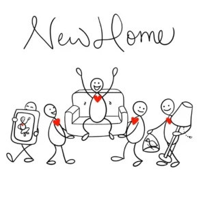 A charming and humorous New Home greetings card featuring a simplistic doodle design, perfect for congratulating family and friends on their new property.