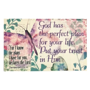 A durable laminated prayer card featuring the Perfect Plan design, used as an inspirational evangelism tool for sharing faith.