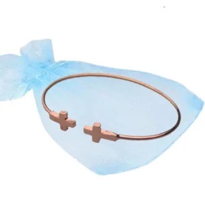 An adjustable copper bracelet featuring embossed cross designs at both ends, displayed as a stylish accessory from our premium collection of wristbands and bracelets.