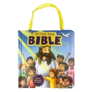 A compact childrens bible with an integrated carry handle, designed as a portable story book for toddlers to take on the go.