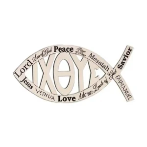 A decorative car magnet featuring the Ichthus fish symbol and the Names of Jesus in elegant text, designed as a faith-inspired accessory for vehicles.