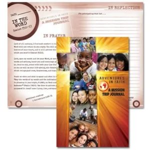 Open pages of the Adventures in Faith mission trip journal, a devotional tool featuring guided prayer prompts and Scripture reflection spaces for mission participants.